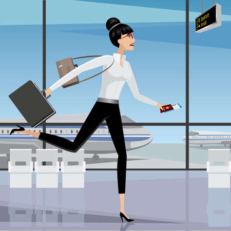 Business woman late for the plane Running at the airport terminalのイラスト素材