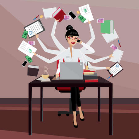 Multitasking business woman working in the workplaceのイラスト素材