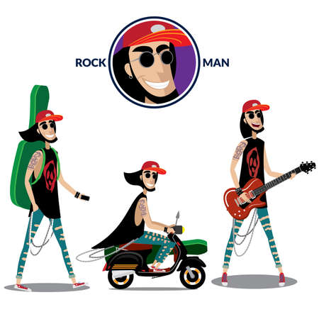 Vector illustration on white background featuring set of three rock men, walks with musical instrument in its case, rides on the retro scooter, stays and playsのイラスト素材