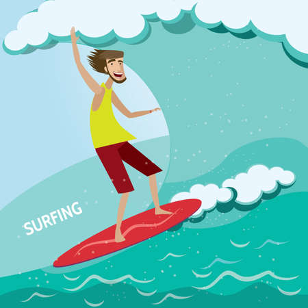 Vector illustration on color background featuring surfer on a surfboard on a waveのイラスト素材