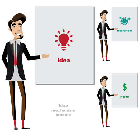 Vector illustration on white background featuring set of three creative man makes a presentation his ideaのイラスト素材