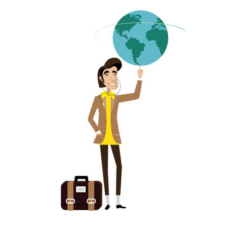 Vector illustration on white background featuring traveller man with bag spinning globe on fingerのイラスト素材
