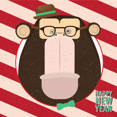 Square congratulation Happy New Year with closeup monkey in candy retro frameのイラスト素材