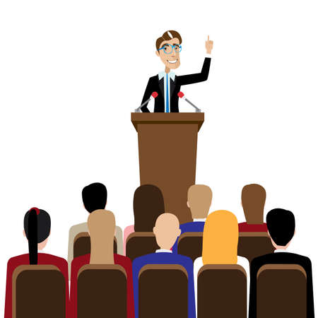 Vector illustration on white background featuring public speaking businessman in front of peopleのイラスト素材