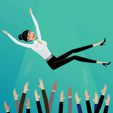 Appreciative subordinates toss up smiling business woman | Leadership conceptのイラスト素材