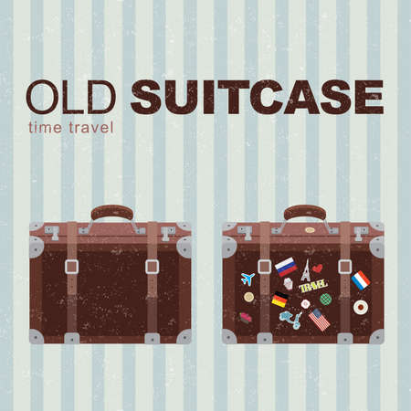 Old style picture with great sign, suitcase with labels from different countries, and all this on a striped backgroundのイラスト素材