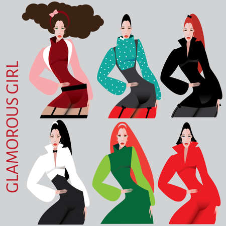 Set of six beautiful girls in stylish fashion clothesのイラスト素材