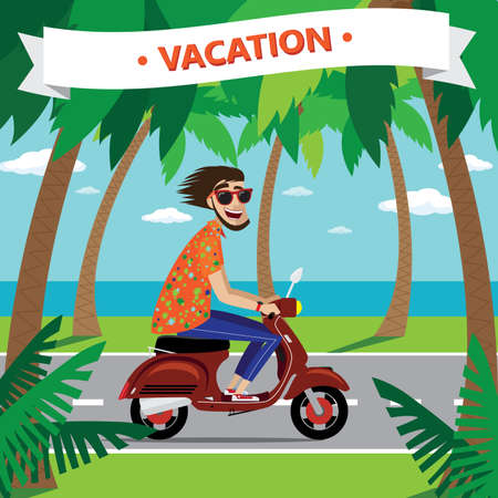 Vector illustration on color background featuring motorcyclist on the retro scooter with sunglasses, palms, oceanのイラスト素材