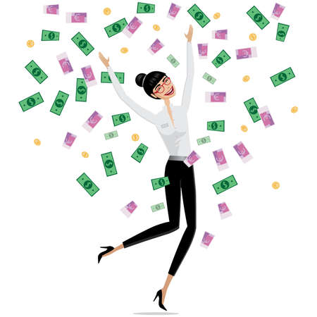 Successful business concept, money falling on business womanのイラスト素材