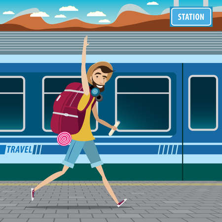 European tourism concept, smiling backpacker walking at the railway station and wavingのイラスト素材