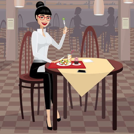 Happy business woman having lunch in cafeteriaのイラスト素材