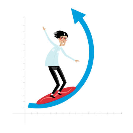 Vector illustration on white background featuring successful businessman surfing on growing arrowのイラスト素材