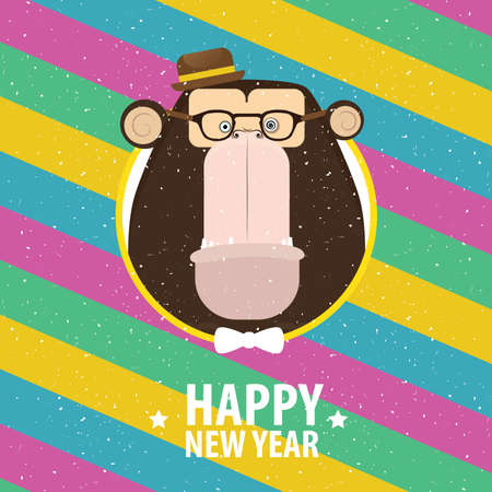 Square greeting card Happy New Year with hipster monkey in varicolored frameのイラスト素材