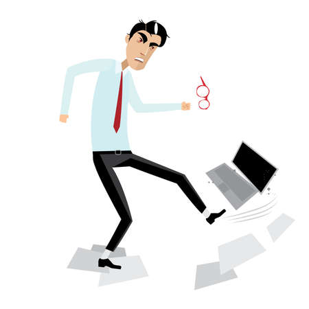 Vector illustration on white background featuring angry businessman breaking laptopのイラスト素材