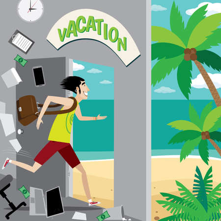 Vector illustration on color background featuring vacation, businessman running out of the office to the beachのイラスト素材