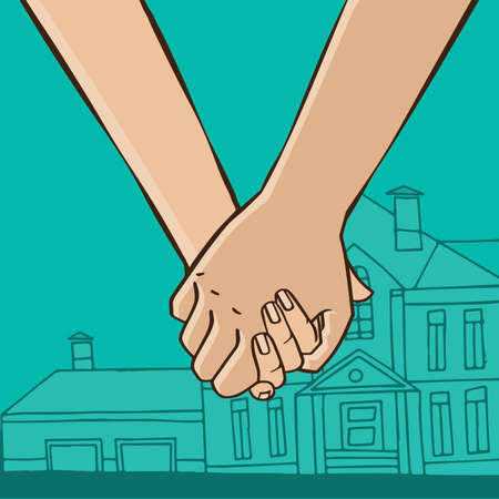 Couple hold hands on the background of the house - American Dream conceptのイラスト素材