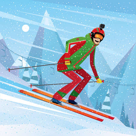 Man skiing with action camera on his head - fun or entertainment conceptのイラスト素材