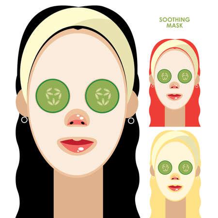 Set of Beautiful women with facial soothing mask and cucumber slices on faceのイラスト素材