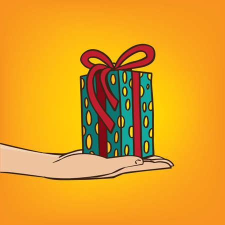 Man extends his hand with the gift box - congratulation or surprise conceptのイラスト素材