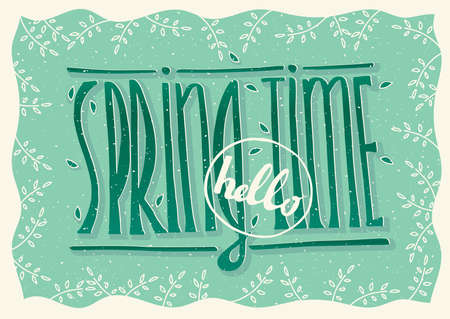 Hand drawn text Hello spring time with sprigs on green background - postcard conceptのイラスト素材