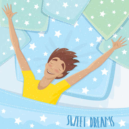 Happy man lying in bed with outspread arms and closed eyes - Sweet Dreams concept and letteringのイラスト素材
