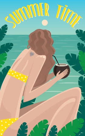 View from the back on girl sitting in jungle near the ocean and drinking coconut - Summer Time concept and letteringのイラスト素材