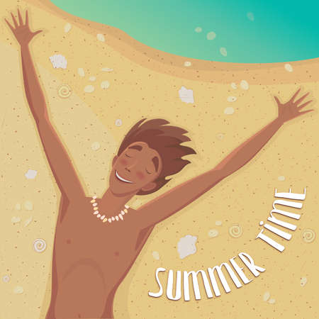 Happy man lying on the beach with outspread arms and closed eyes - Summer Time concept and letteringのイラスト素材