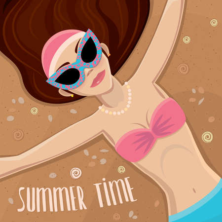 Girl with outstretched hair in swimsuit and sunglasses lying on the sand - Summer Time concept and letteringのイラスト素材