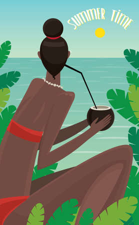 View from the back on dark-skinned girl sitting in jungle, looking at ocean and drinking coconut - Summer Time concept and letteringのイラスト素材