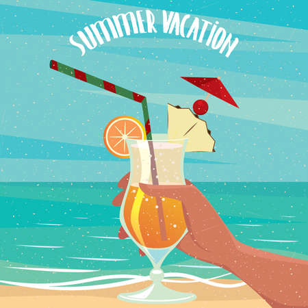 Woman or man by the sea is holding in hand an exotic cocktail - Holidays or vacation conceptのイラスト素材