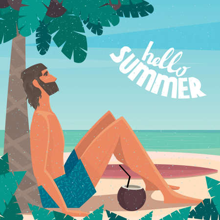 Man sitting on a beach under a palm tree by the sea leaned back on a palm tree - Vacation or holidays conceptのイラスト素材