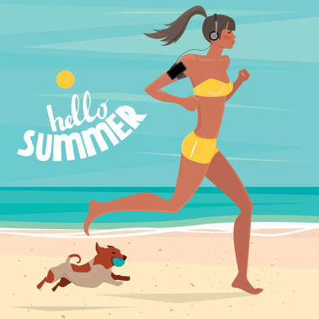 Sport woman with headphones and phone in armband running on the beach, and near a dog runs with the ball - Healthy lifestyle conceptのイラスト素材