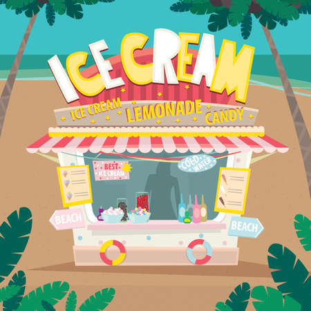 Cute stall on the beach with ice cream, soda and lemonade - Vacation or leisure conceptのイラスト素材