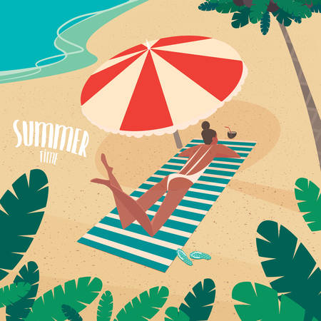 Nice girl in white swimsuit sunbathing on striped beach mat under a colorful parasol on the beach - Passive vacation or relaxation conceptのイラスト素材