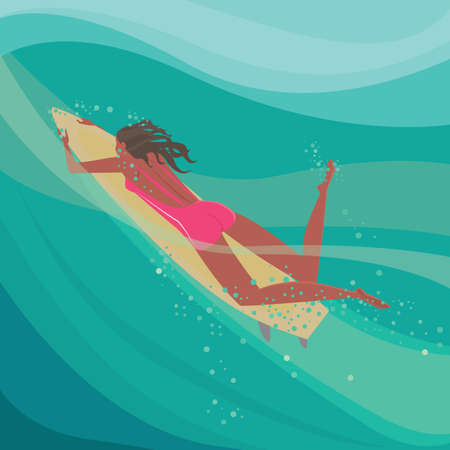 Slim girl in pink swimsuit lying floats on the waves on a surfboard - Extreme sports or surfing conceptのイラスト素材
