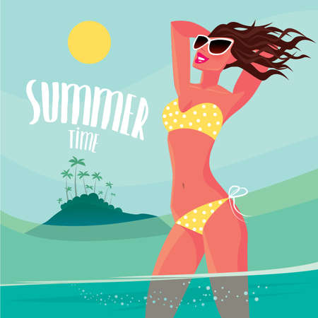 Sexy woman in a dotted yellow swimsuit sunbathes standing on the cay near the island - Luxury vacations conceptのイラスト素材
