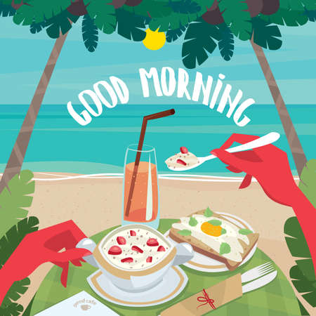 Tanned man eating muesli with strawberries and fried egg with bread on the beach. First-person view - English breakfast or lunch conceptのイラスト素材