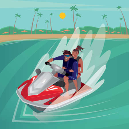 Happy man riding with cute girl on red water scooter near the beach - Sport or recreation conceptのイラスト素材