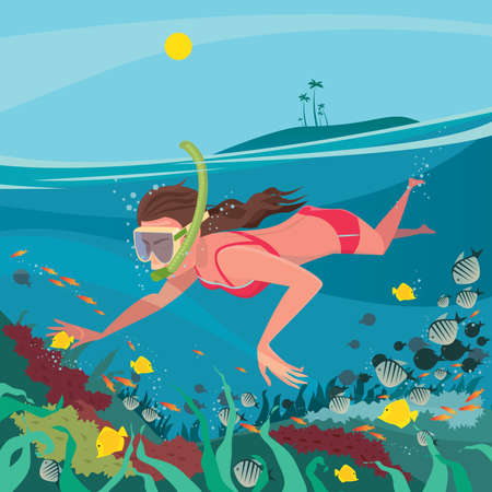 Cute girl in red swimsuit swimming under water with mask and snorkel around the coral reef - Underwater world or snorkeling conceptのイラスト素材