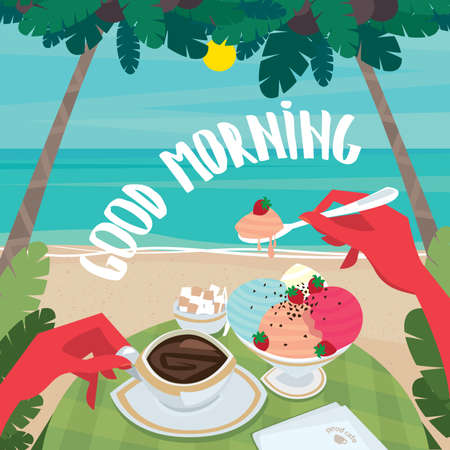 Tanned man sitting at the table and eating ice cream and drink coffee on the ocean. First-person view - Continental breakfast or lunch conceptのイラスト素材