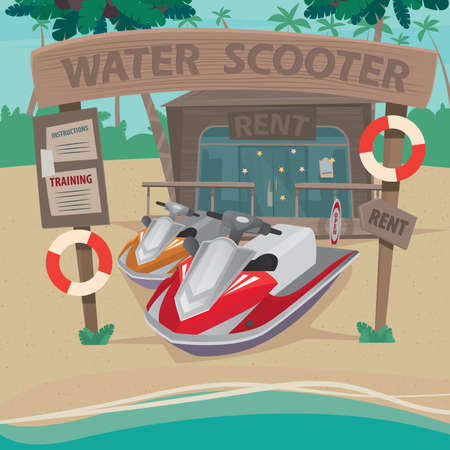 Wooden little house on the beach where rent out water scooters - Rental services and training services conceptのイラスト素材