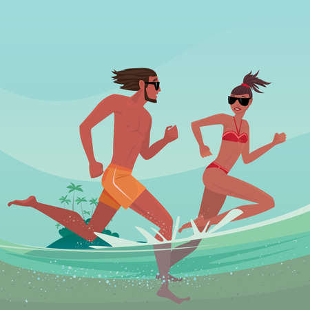 Happy romantic young couple in swimsuits that running together in shallow water. Split view of over surface and underwater - Vacation or honeymoon conceptのイラスト素材