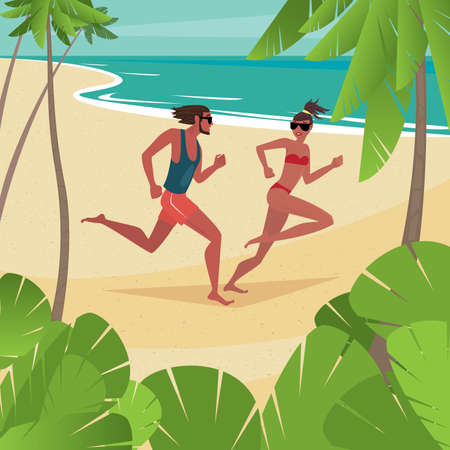 Young cute couple in swimsuits frolics on the beach - Honeymoon or love conceptのイラスト素材