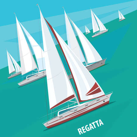 Large number of sailing boats floating right. Side view. Signature Regatta - Race sailing yachts or...