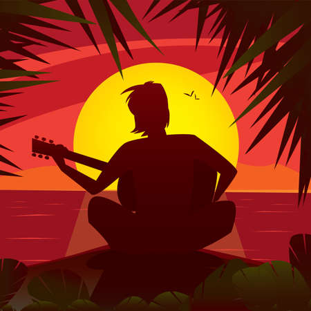 Silhouette of a romantic man playing the guitar at the sunset, sitting on the edge of the shore in exotic country - Alone with himself or Solitude conceptのイラスト素材