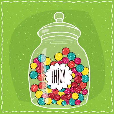 Large transparent glass jar with colorful round candies inside. Green background. Handmade cartoon styleのイラスト素材