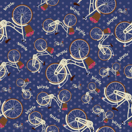 Seamless dotted pattern with detailed city bicycles with a basket on the handlebars. Blue backgroundのイラスト素材