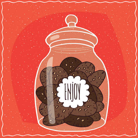 Large transparent glass jar with pile of round chocolate cookies inside. Red background. Handmade cartoon styleのイラスト素材
