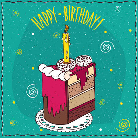 Beautiful cake with pink icing and burning candle, with several layers, lie on lacy napkin. Happy birthday concept. Handmade cartoon styleのイラスト素材