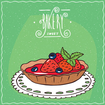 Tartlet with blue berries and fresh strawberries, lie on lacy napkin. Green background and ornate lettering bakery. Handmade cartoon styleのイラスト素材